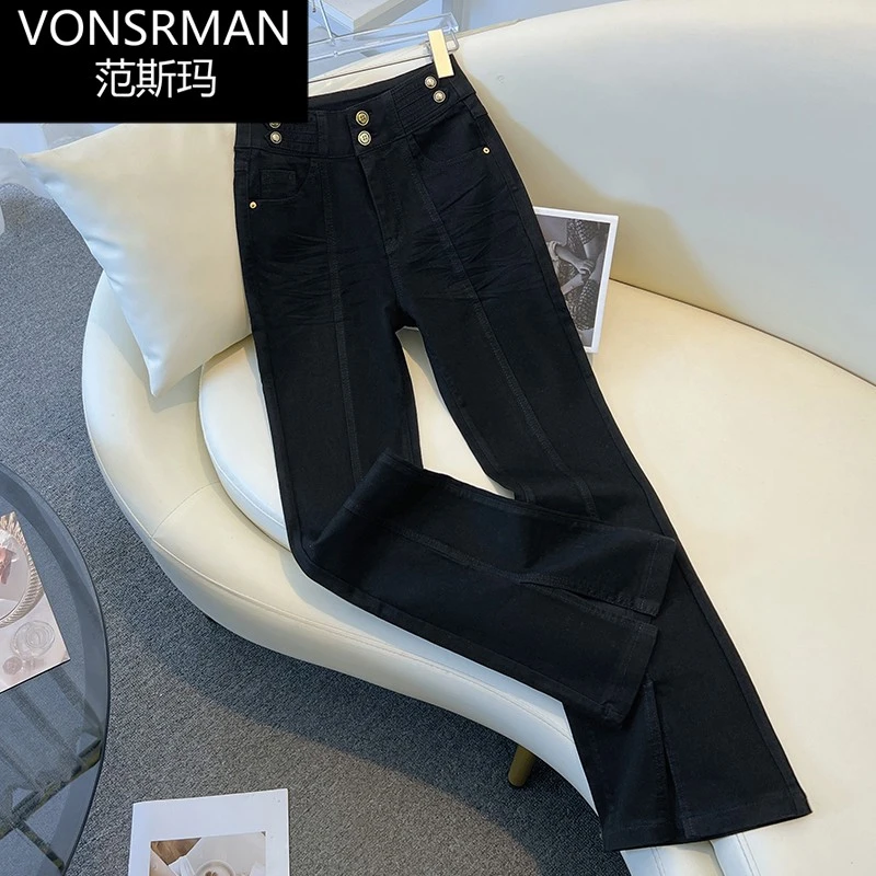 复古黑色微喇叭牛仔裤女2025年春秋新款高腰显瘦马蹄裤小个子显高