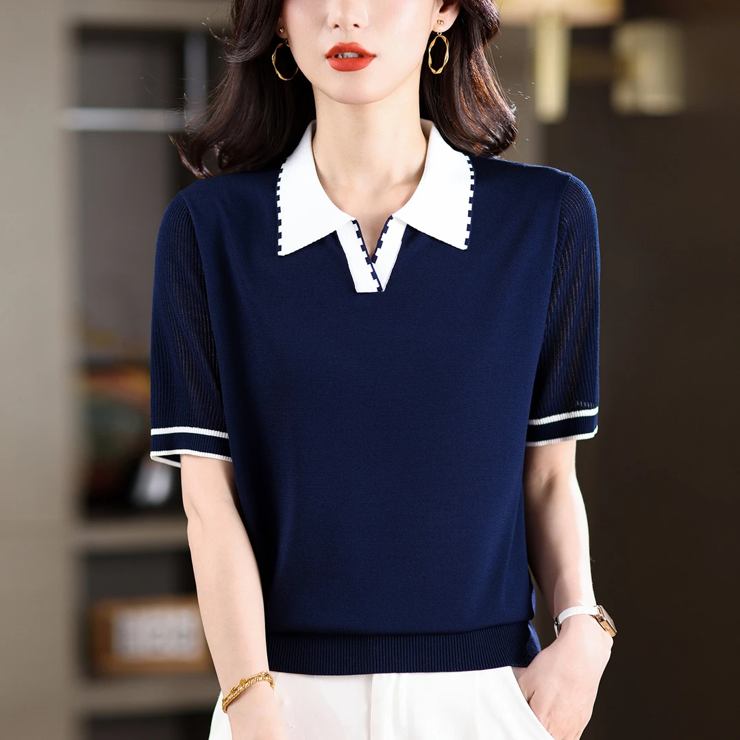 胖mm夏装大码冰丝针织衫女士短袖t恤宽松遮肚子巨显瘦polo领上衣