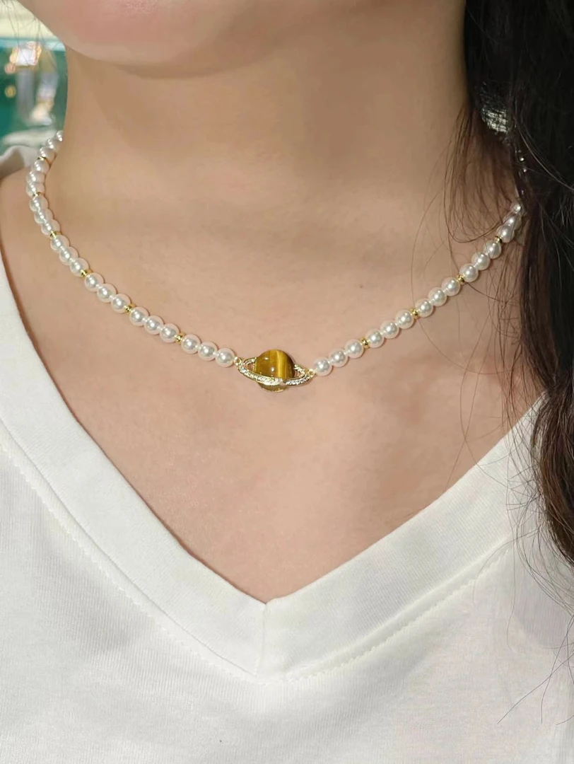 铜合金吊坠 毒饰高定  轻奢虎眼星球珠珠项链KG8705