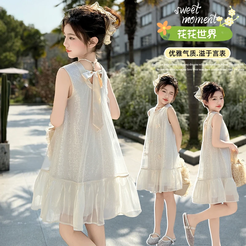 女童夏季连衣裙2025新款6-12岁15岁中大儿童洋气甜美蝴蝶结公主裙