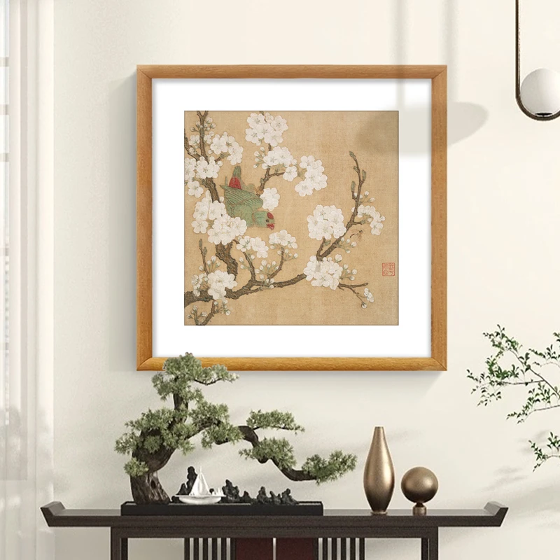 中式装饰画《梨花鹦鹉图》复刻宣绒布实木餐厅玄关挂画国画花鸟书房