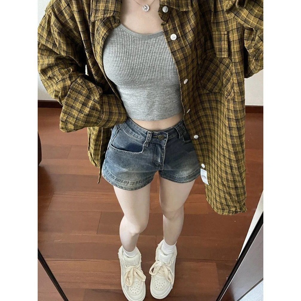小个子美式复古做旧牛仔女夏季辣妹高腰直筒阔腿显瘦a字裤潮通勤