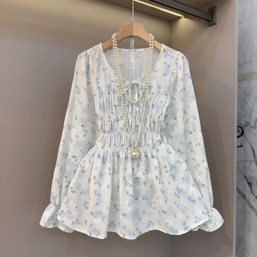 大码女装2025春季新款胖MM欧货法式圆领蝴蝶节弹力收腰减龄小衫