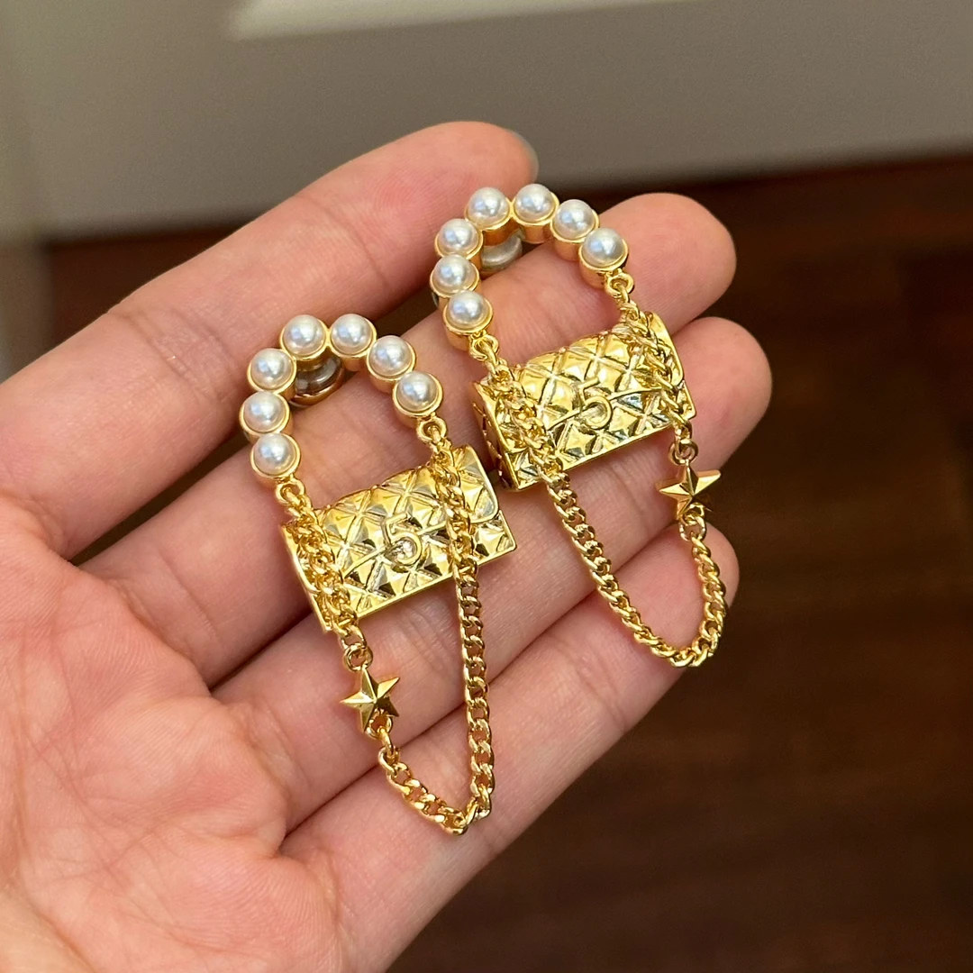 铜合金仿珍珠耳饰 E0110 时尚小香风包包流苏链条耳环