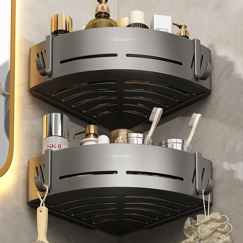 灰卫生间置物架免打孔浴室洗漱台化妆品收纳架壁挂式转角三角篮