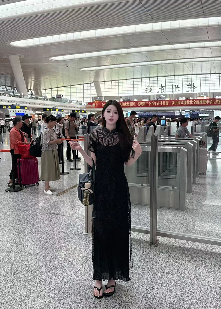 【雯雯】初夏旗开得胜夏季旗袍法式气质黑色连衣裙-230537