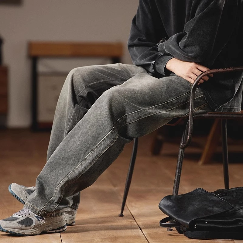 Salodac美式复古烟灰色牛仔裤男春秋季宽松直筒长裤休闲男士裤子
