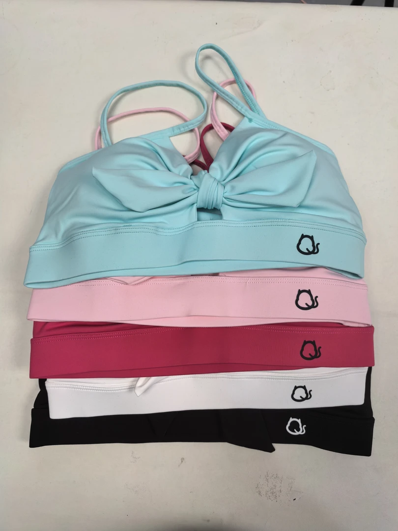 撸铁猫蝴蝶结多巴胺糖果色两穿绑带瑜伽上衣女防震训练运动内衣