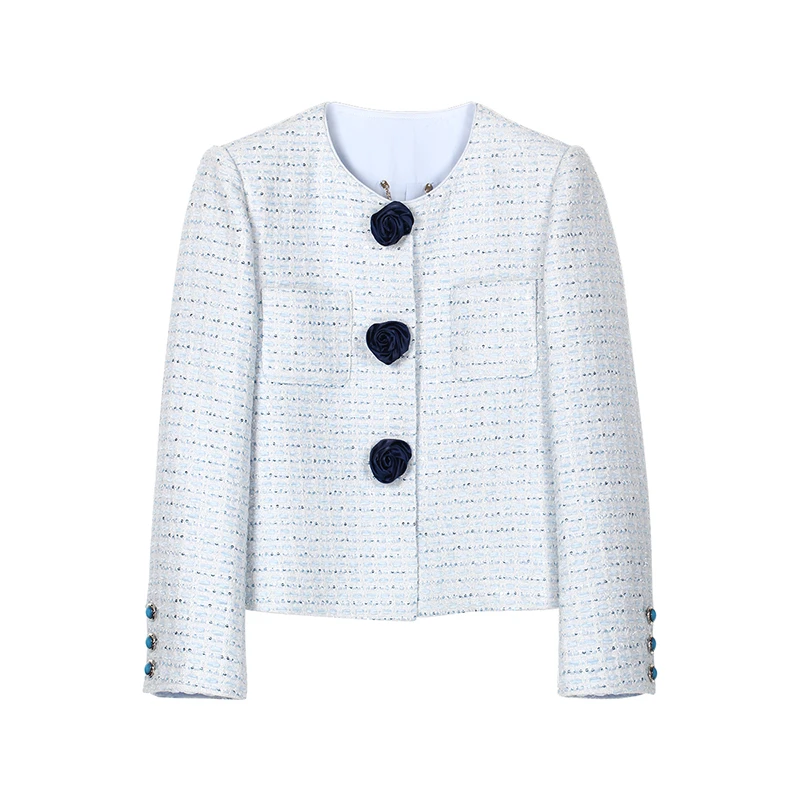 【龙哥质造】法式小香风蓝色玫瑰花扣短外套新款设计感上衣女130138