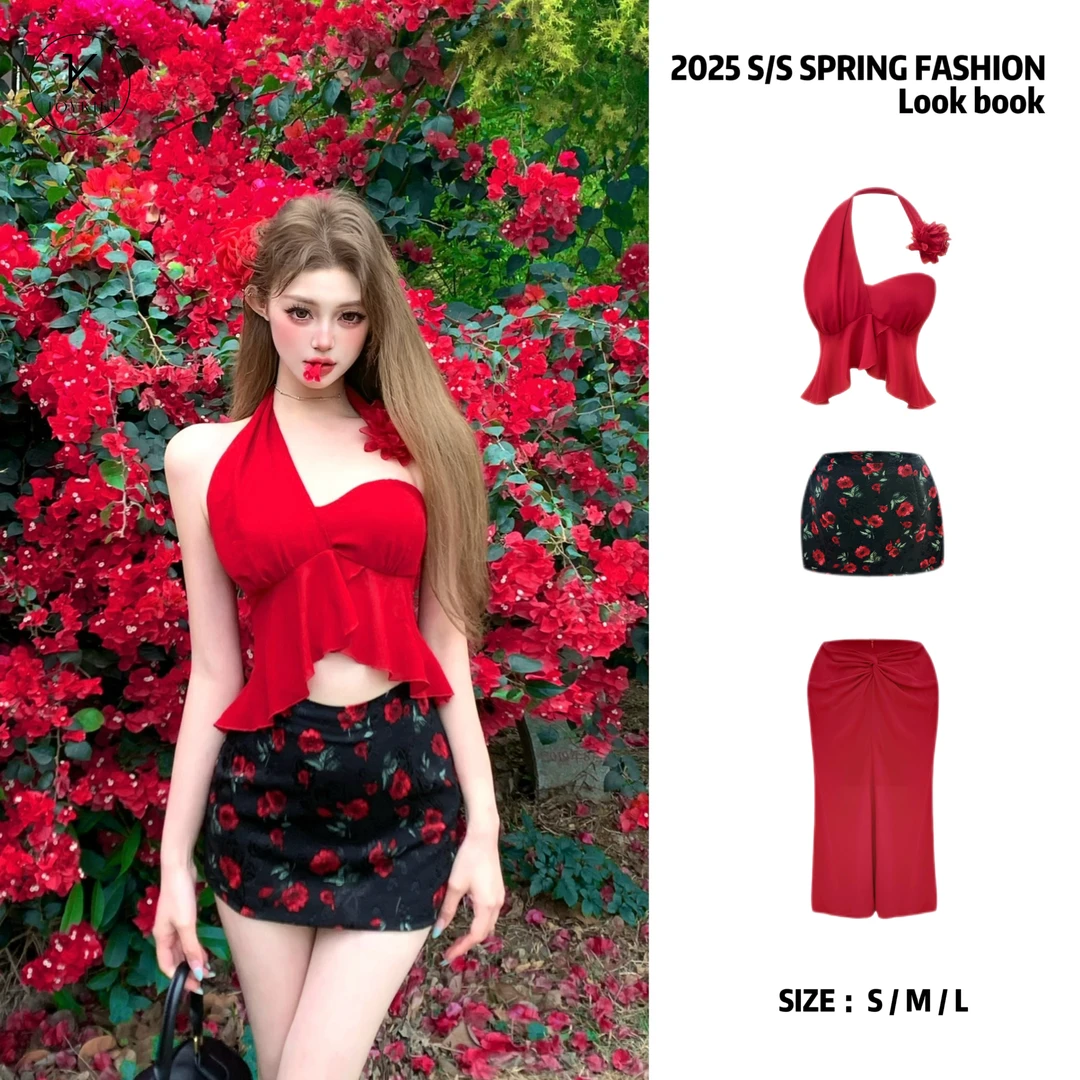 【达人】JOYKIKI【蔷薇庄园】春季少女辣妹花朵设计感上衣套装J25A439