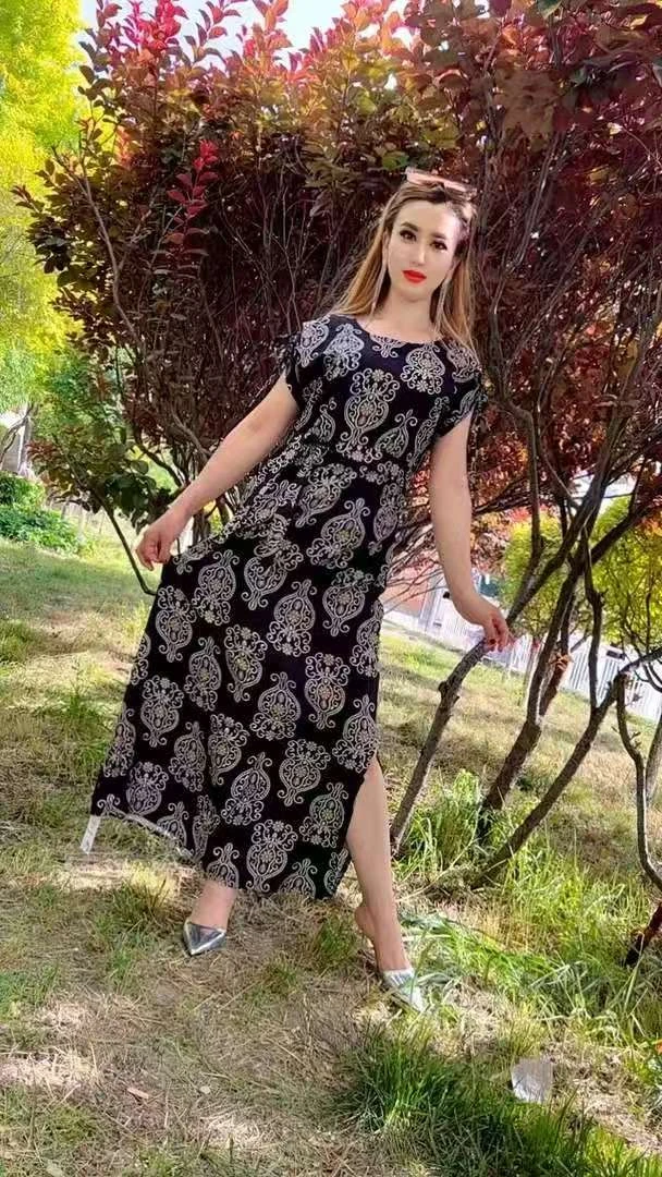 XH555长裙碎花套头夏季印花短袖连衣裙女装网红复古工装风