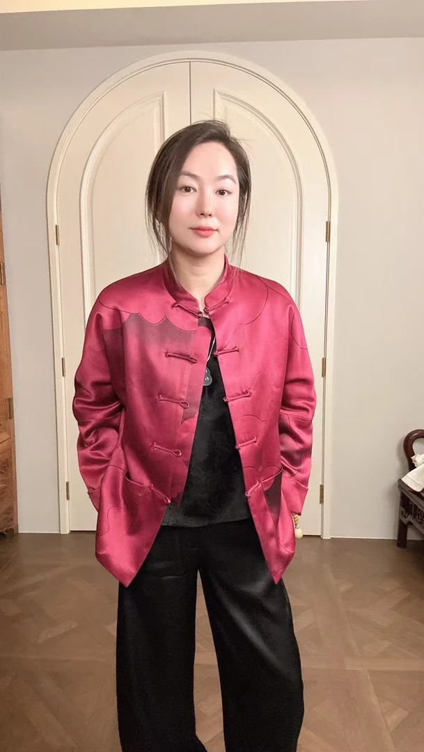 【牡丹】火龙果色羊绒服杭锦外套新中式上衣