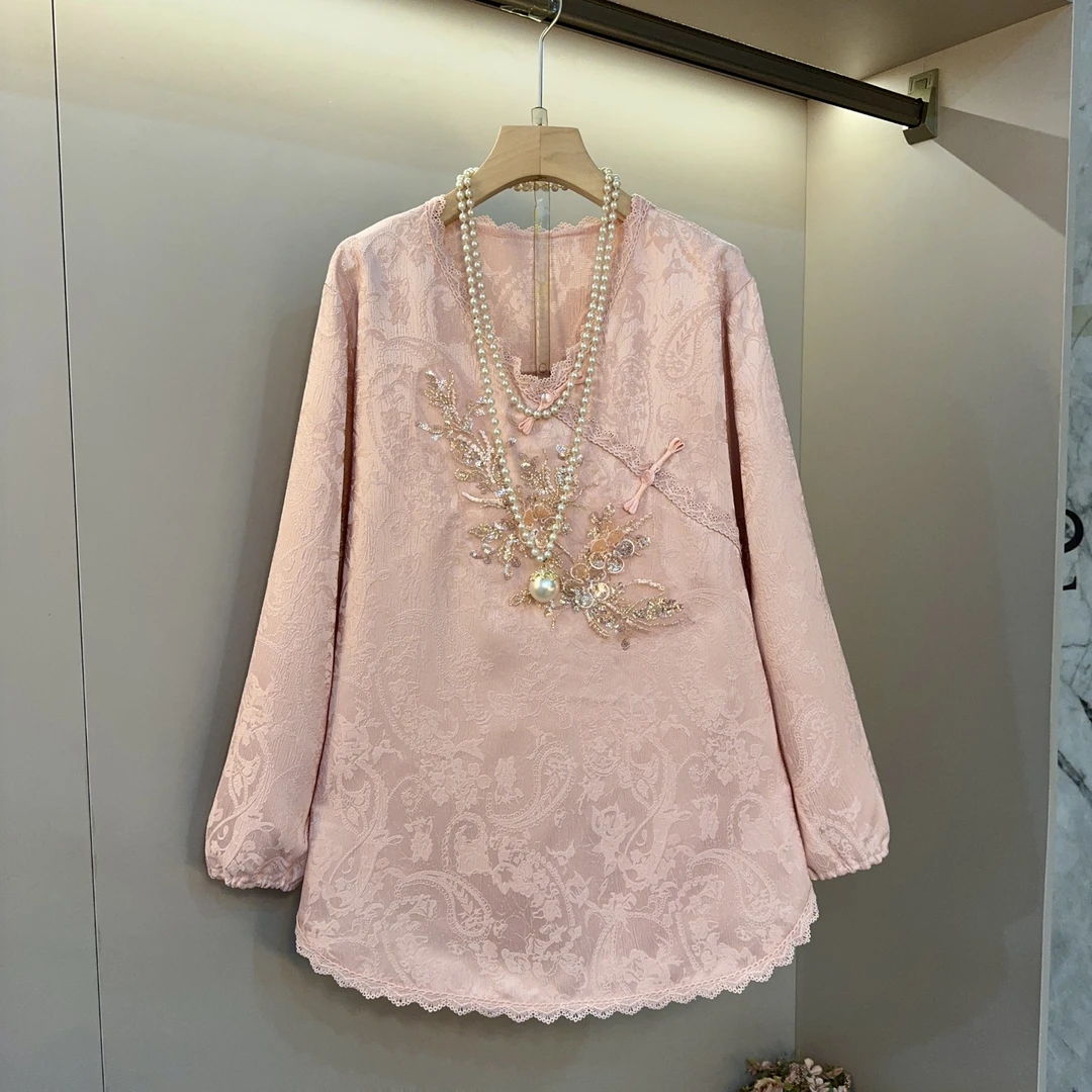 胖妹妹V领松紧袖口亮钻花大码女法式设计感早春款百搭小衫衣长75