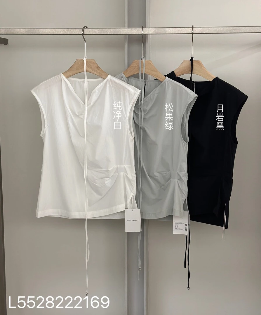 22169 韩系设计感褶皱无袖纯色100棉衬衫女士夏季气质显瘦上衣