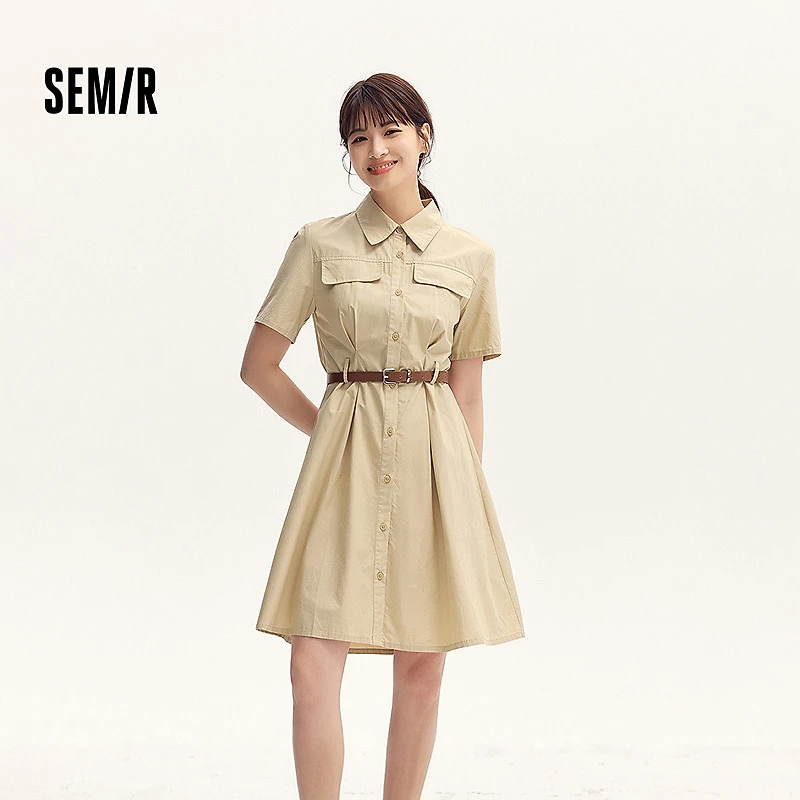 森马连衣裙女短裙时尚气质夏季显瘦腰带收腰衬衫裙女生潮流简约风