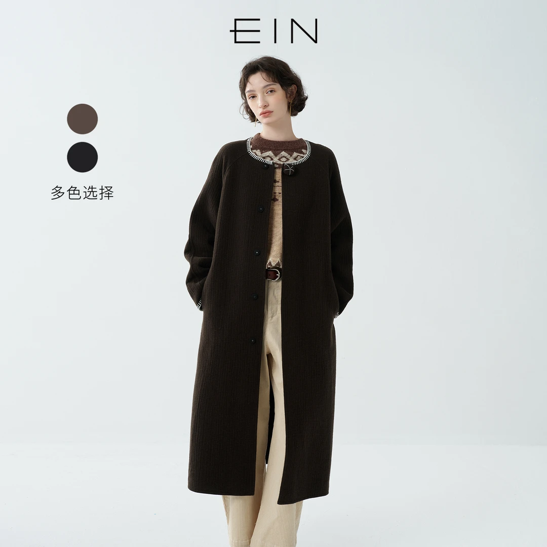 EIN/言云感棉羊毛贝壳绣圆领蘑菇扣双面呢长大衣2025秋冬新款