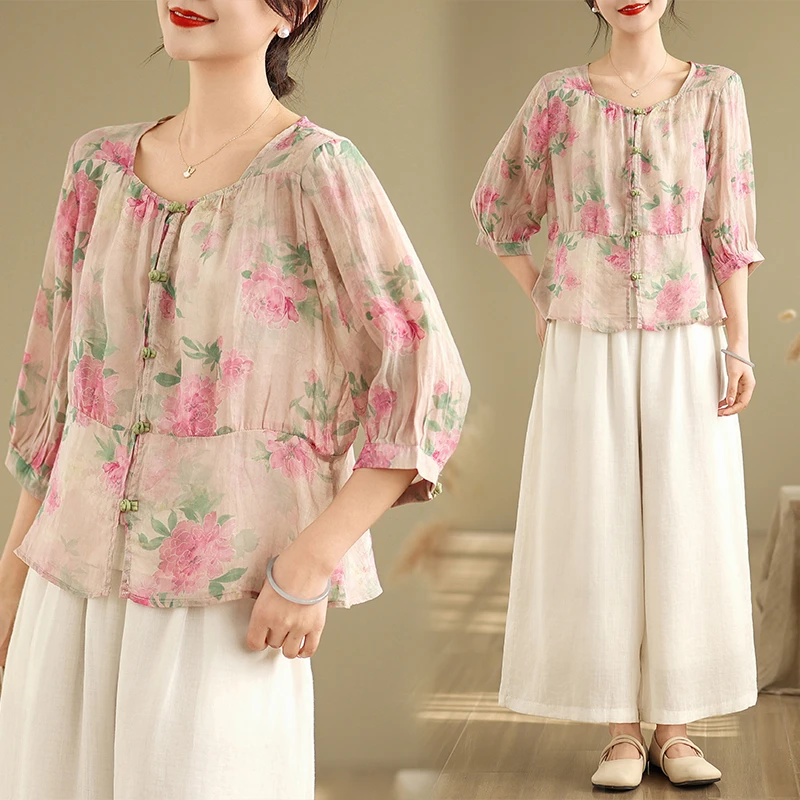 棉麻衬衫女春夏季洋气宽松遮肚子苎麻小衫时尚休闲亚麻七分袖上衣