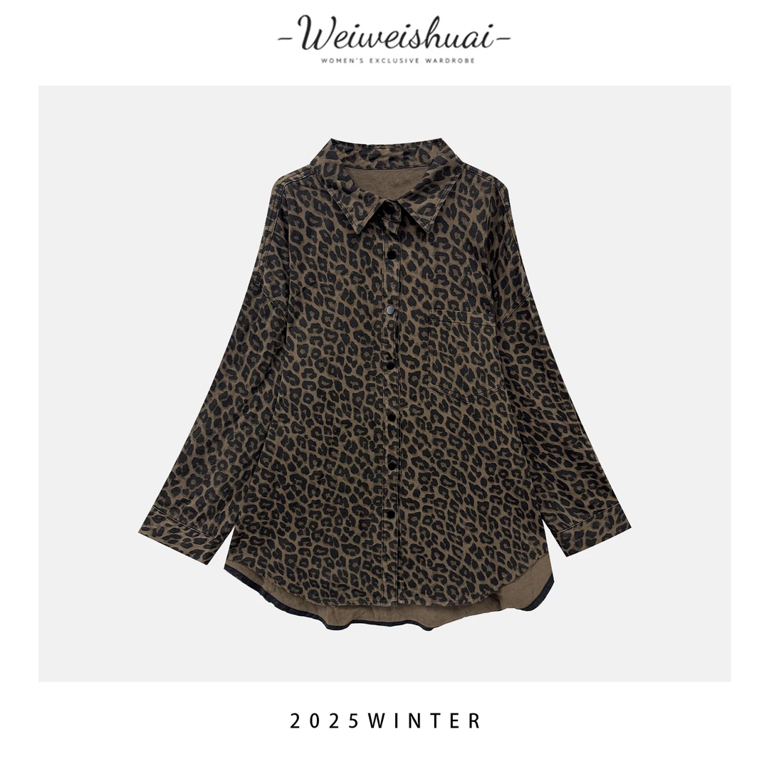 【广州微姐】初秋时尚洋气宽松豹纹长袖牛仔衬衣1151