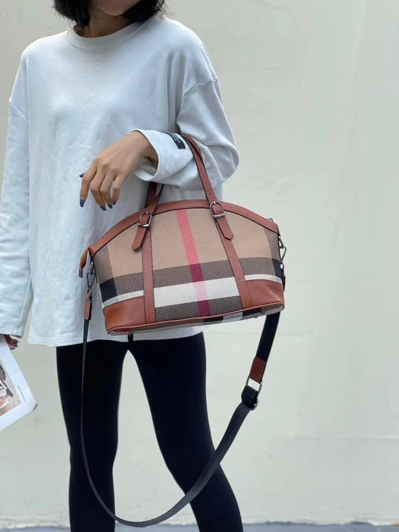 A33大贝壳包单肩包斜挎包新款高级时尚百搭格纹手提手工女包