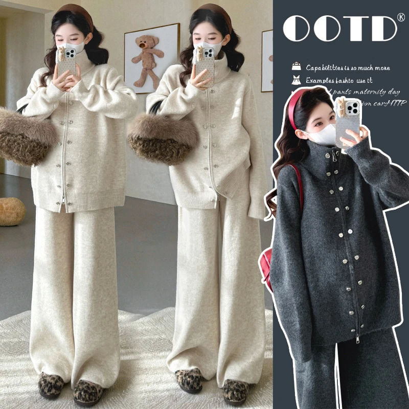 【因为爱】孕妇秋冬拉链立领双排扣毛衣休闲阔腿裤宽松软糯亲