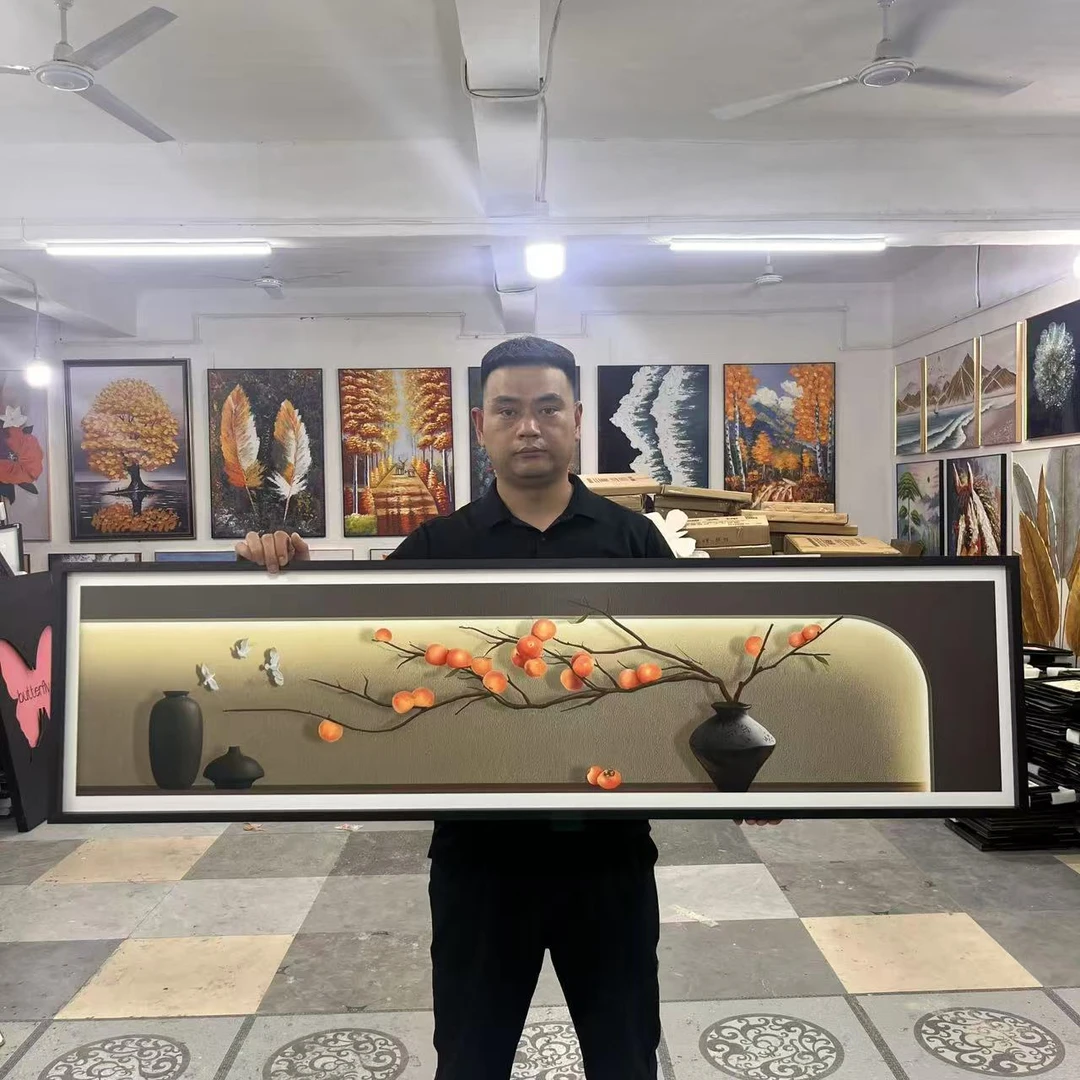 柿事如意新中式卧室挂画侘寂风床头客厅房间高级感壁画40150