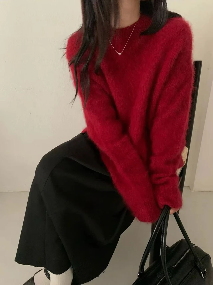 T1148 年年有钱花 新年显白氛围感红色针织毛衣套头女