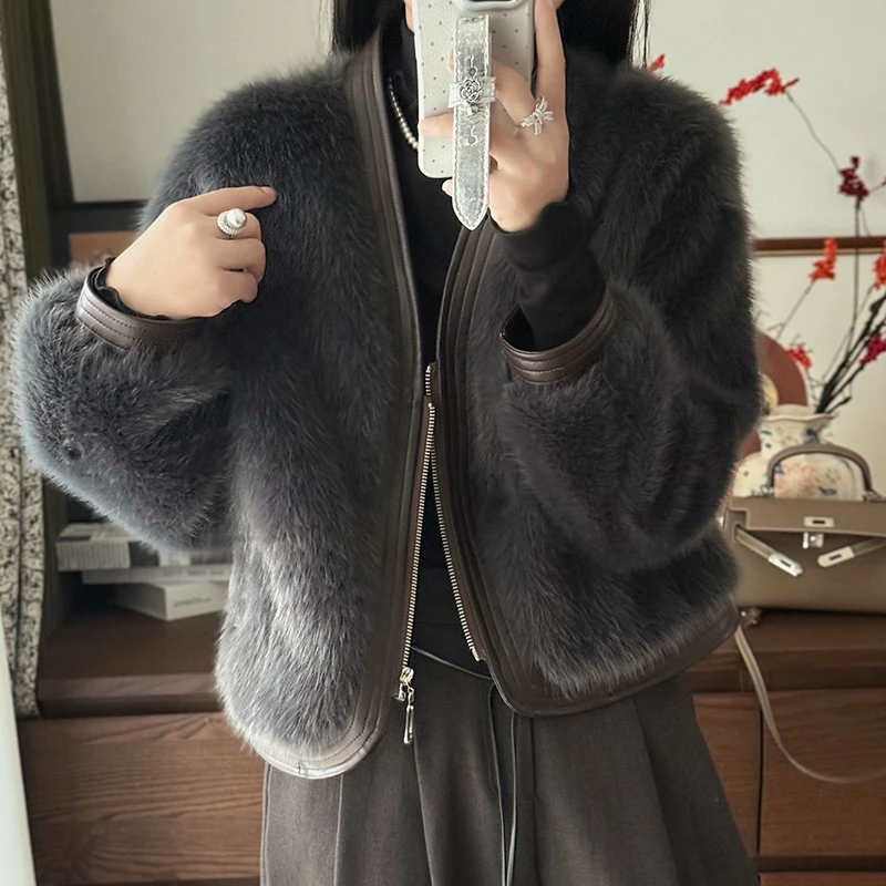 海宁皮毛一体仿水貂皮草短款大衣外套加厚秋冬貂绒高腰休闲上衣女