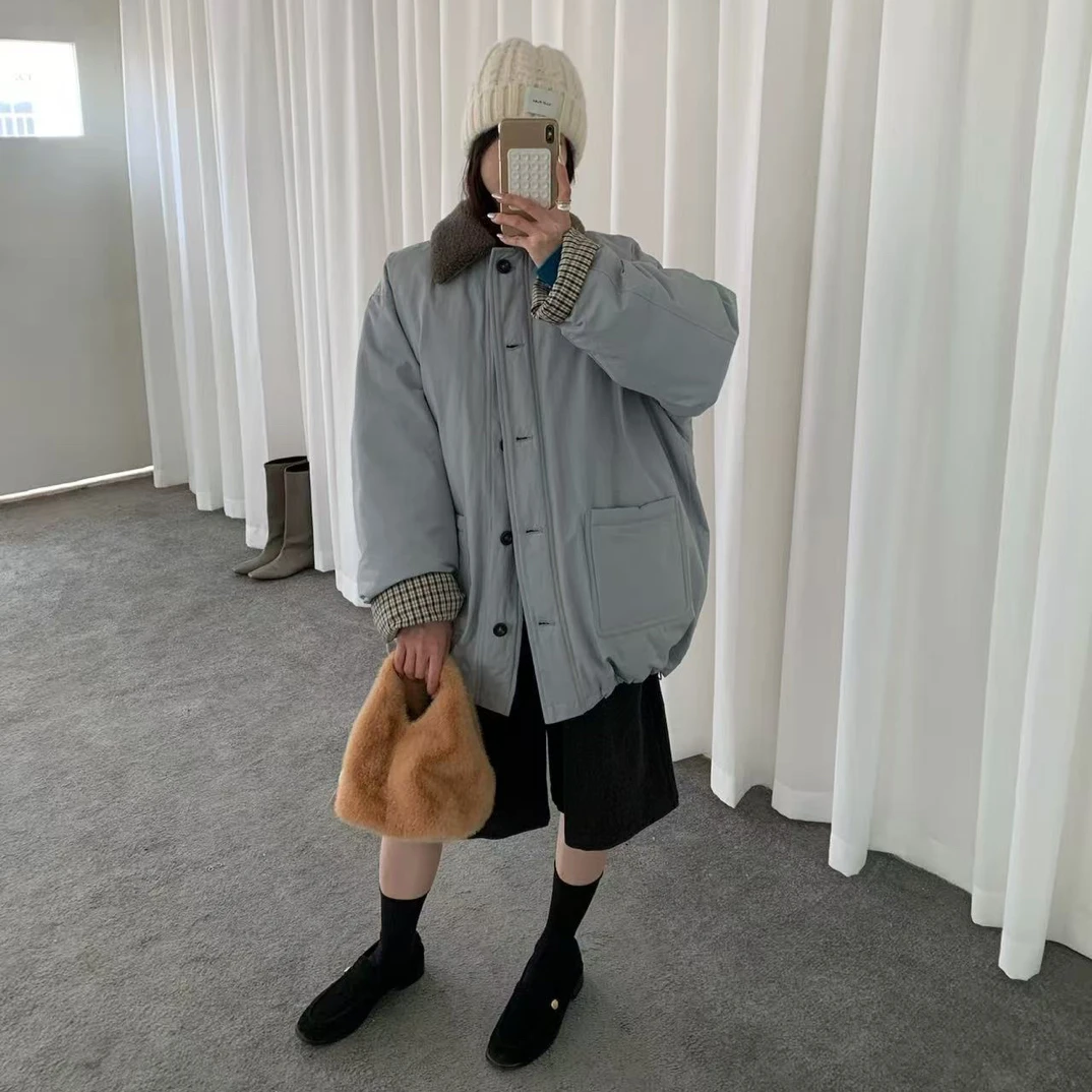 anna@158006 韩系复古羔羔毛翻领保暖外套