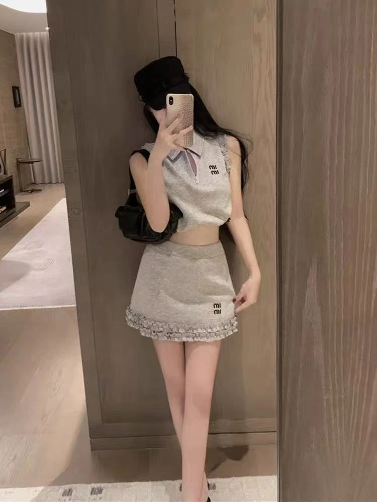 2025夏季新款木耳边无袖T恤背心女高腰短裙半身裙两件套套装
