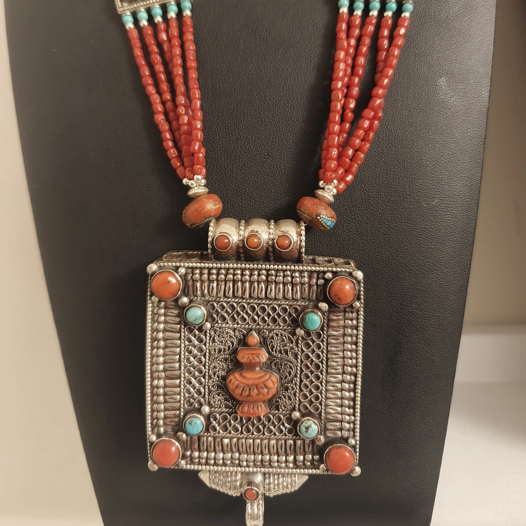 坠链均925银大理石 925银藏式风格吊坠纯手工定制