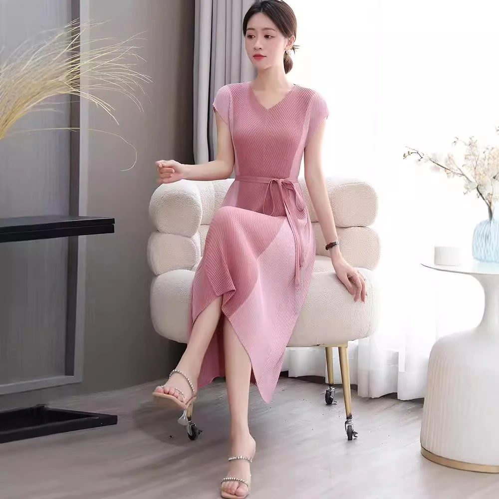 韩褶褶皱短袖连衣裙礼服拼接中长款圆领夏季轻奢V字领中长裙名媛