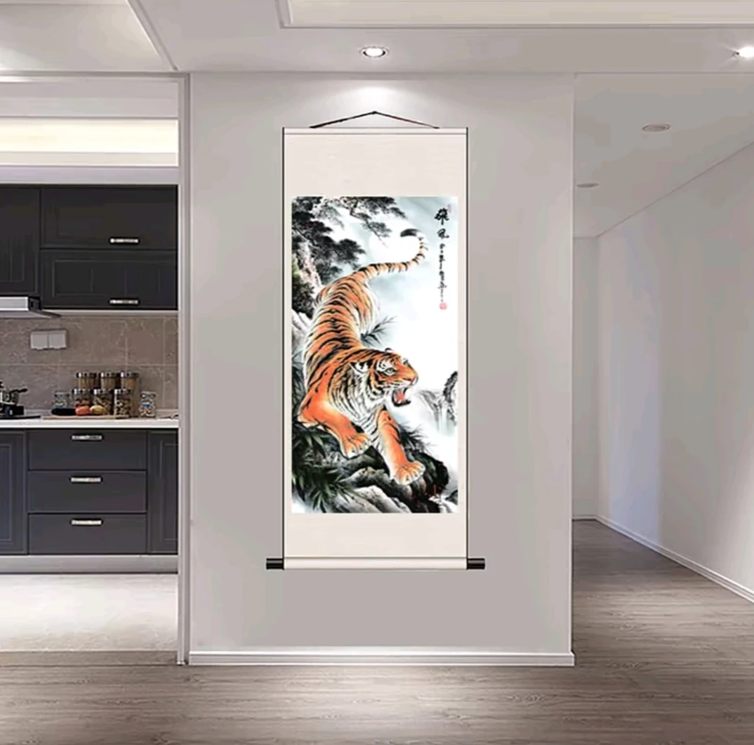 四尺下山虎《雄霸山川》竖幅玄关书房动物挂画