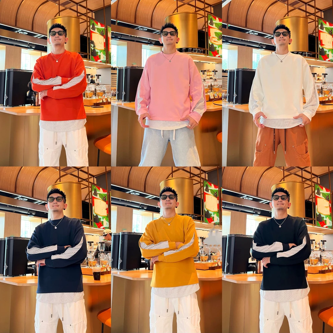 极简风潮流百搭时尚个性条纹拼接设计感假两件男士秋季新款卫衣