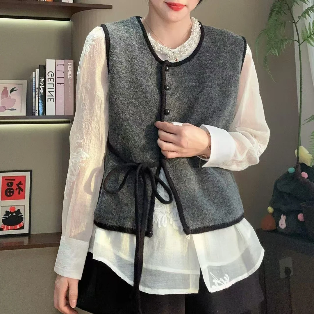 春季明线包边系带背心针织马甲5-1-2北极绒