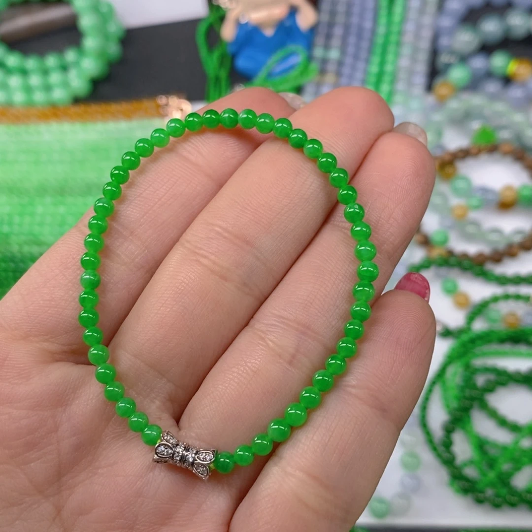 颈饰未镶嵌翡翠缅甸天然翡翠正阳绿小米珠手链3.6