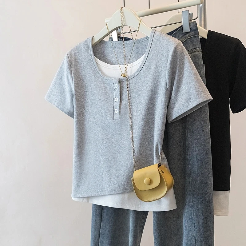 PA新款微胖mm显瘦宽松大码女装假两件短袖t恤上衣