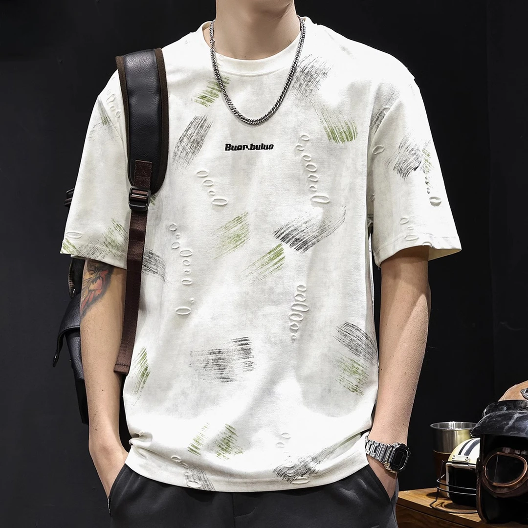 MR.MUDI/穆迪先生重磅提花破洞潮牌短袖t恤男士夏季2025新款大码