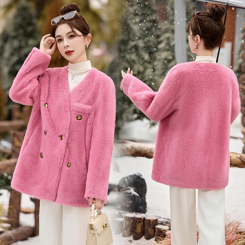 大衣店铺水貂保暖2025年冬季时尚纯色气质优雅显瘦V领中长款皮