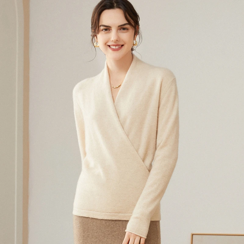 【不议价】女士纯山羊绒交叉V领时尚经典针织长袖百搭合服套头衫