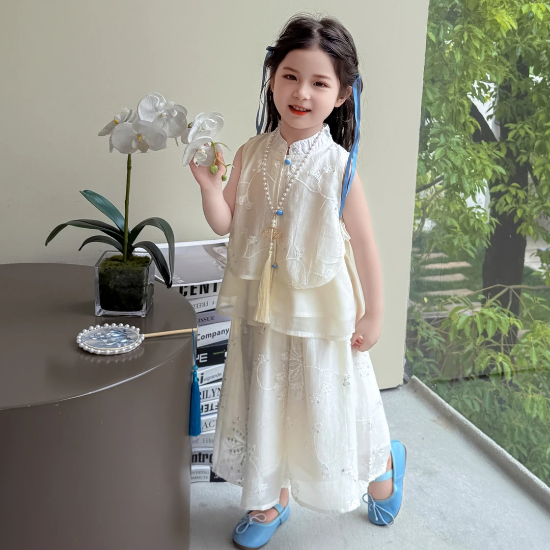 女小童夏季国风刺绣假两件套装2025新款儿童时尚宝宝新中式两件套