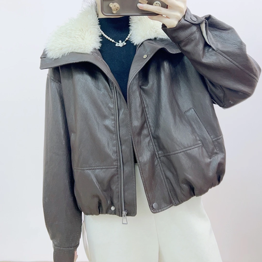 881休闲休闲百搭宽松毛领加绒PU皮外套皮衣2881/JP