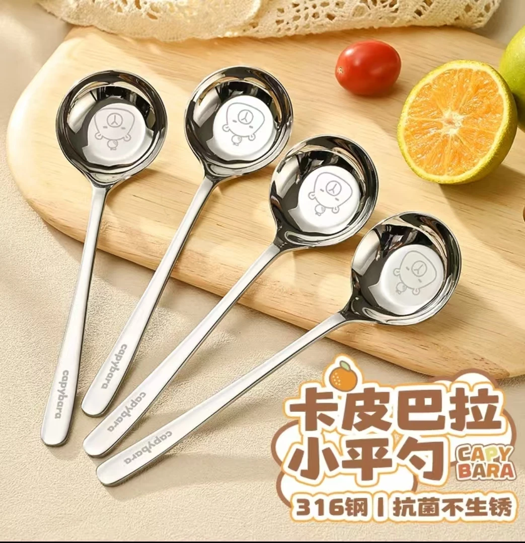 不锈钢网红平底圆头勺韩式圆头勺餐厅家用调羹勺汤勺宫延勺米线勺