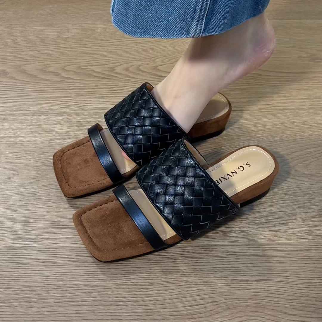 新款全手工编织增高真皮露趾拖鞋气质百搭休闲方头拖鞋女夏外穿