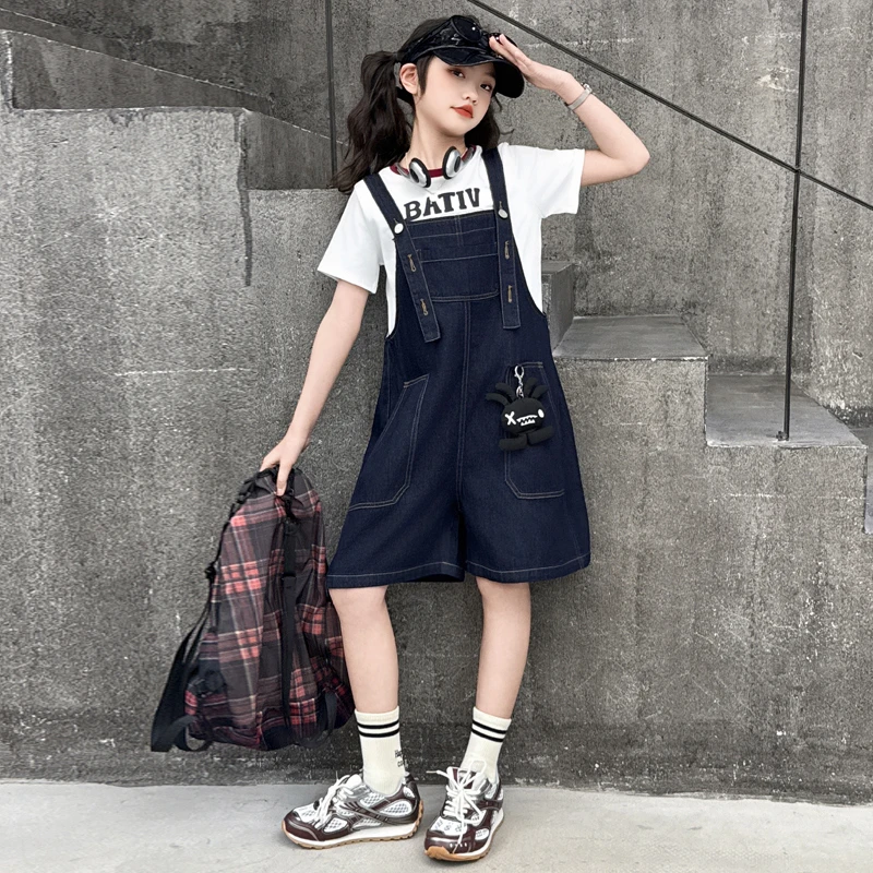 女童牛仔背带裤套装2025夏装新款儿童韩版时髦洋气短袖T恤两件套