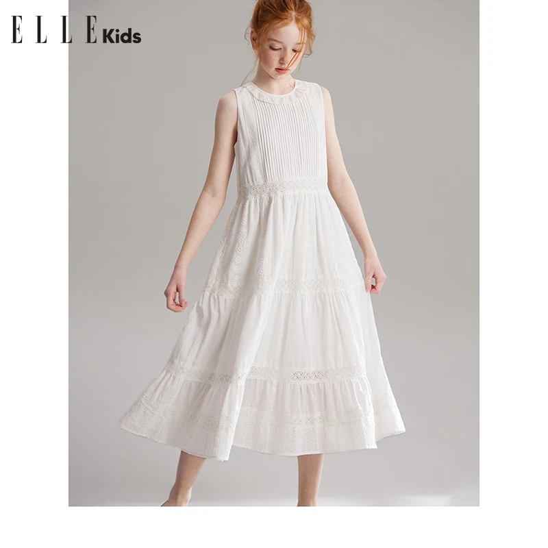 ELLE KIDS 花边拼接无袖连衣裙女童夏季新款法式度假绣花裙子A2