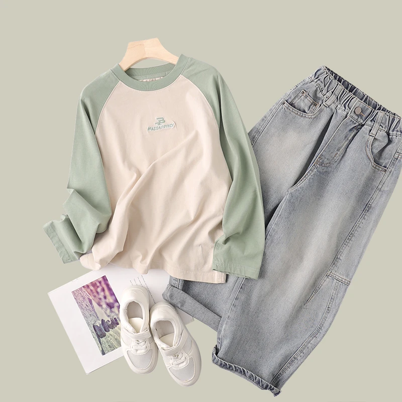 吴小越w1029男童春装圆领套头拼色棉t恤长袖中大童儿童撞色打底衫