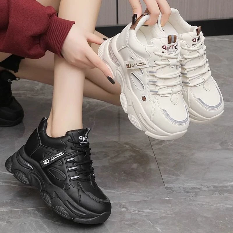 内增高8cm老爹鞋女显脚小码34女鞋2024新款春季皮面小个子运动鞋