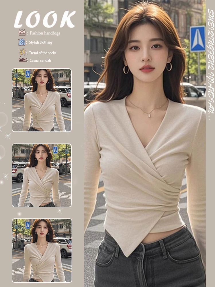春秋冬新款辣妹v领褶皱长袖打底衫高级感不规则修身短款t恤上衣女