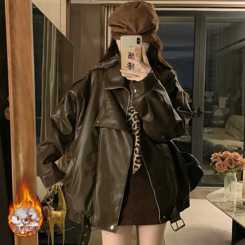 美式复古机车夹棉外套宽松气质高级感皮衣外套女冬工装棉服