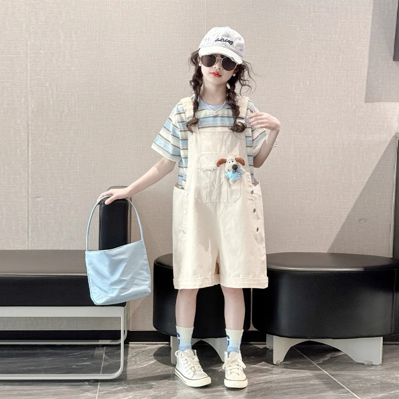 女童2025夏装条纹T恤时尚背带裤套装中大童韩版甜美少女休闲穿搭